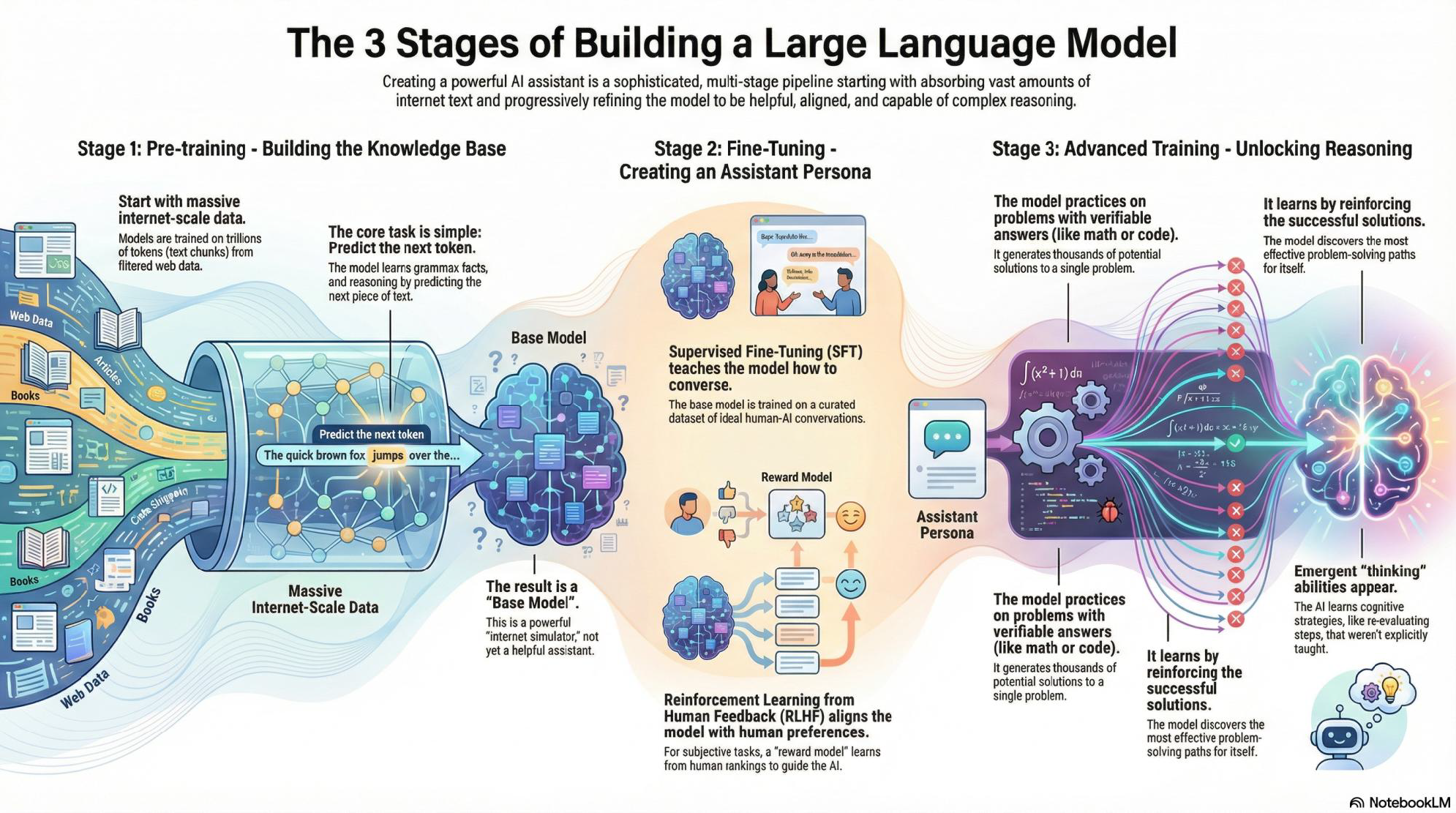 Three-panel infographic showing the progression of LLM training — Stage 1 Pre-training turns internet-scale data into a base model via next-token prediction; Stage 2 Fine-Tuning uses supervised examples and human feedback to create an assistant persona; Stage 3 Advanced Training applies reinforcement learning on verifiable tasks to unlock reasoning.