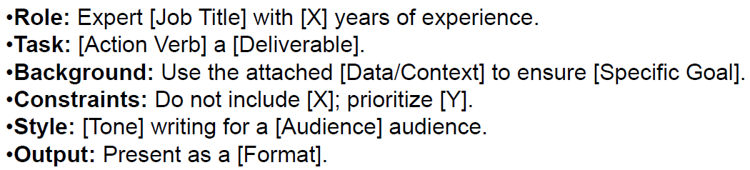 A template for prompting reasoning models with six labelled slots — Role, Task, Background, Constraints, Style, Output — each containing a short bracketed placeholder such as "Expert [Job Title] with [X] years of experience" or "Do not include [X]; prioritize [Y]".